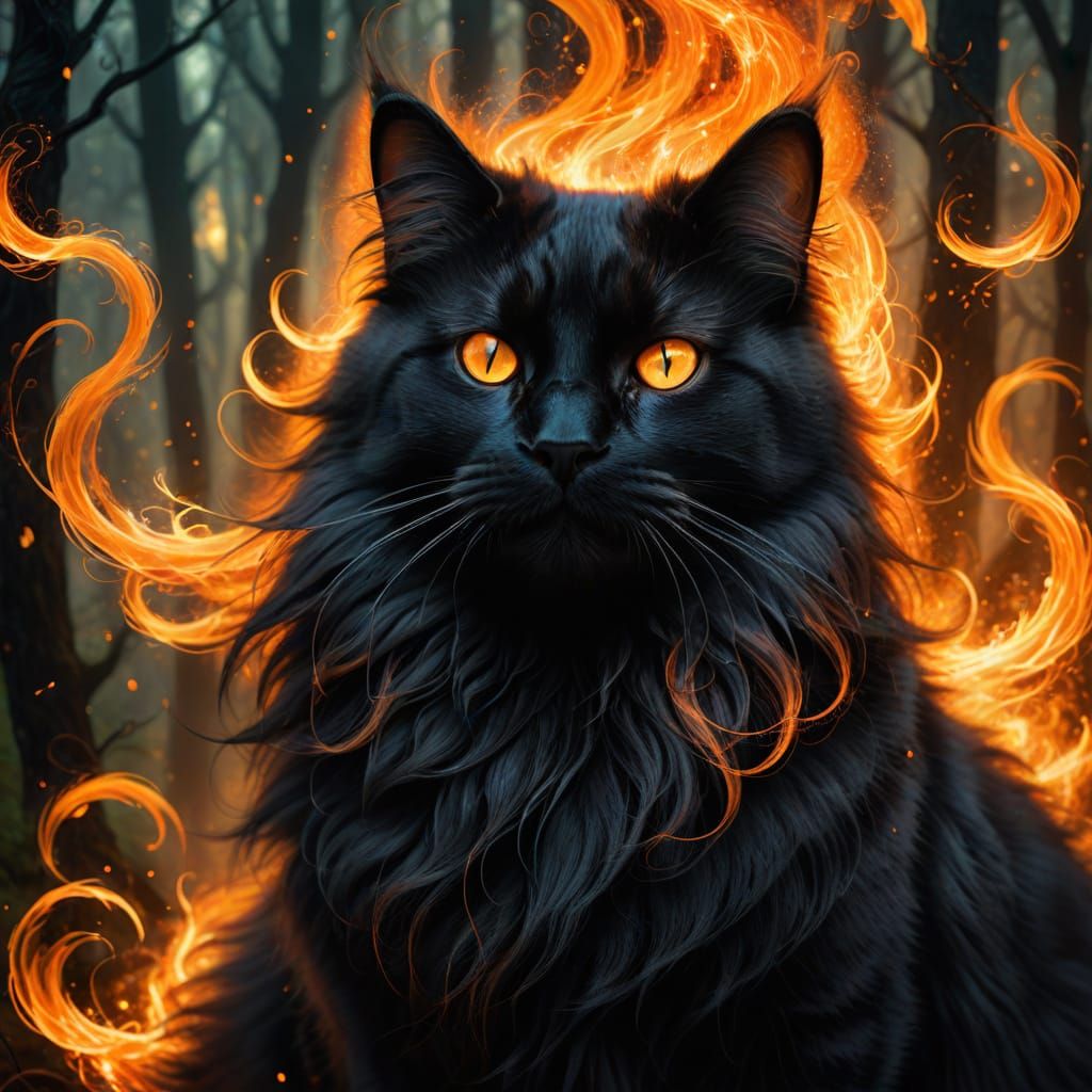 Black Cat Conjuring Orange Magic in Dark Fantasy Art