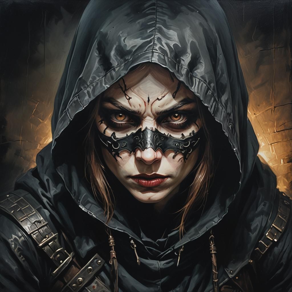 Hooded Assassin in Dark Gothic Oil Painting