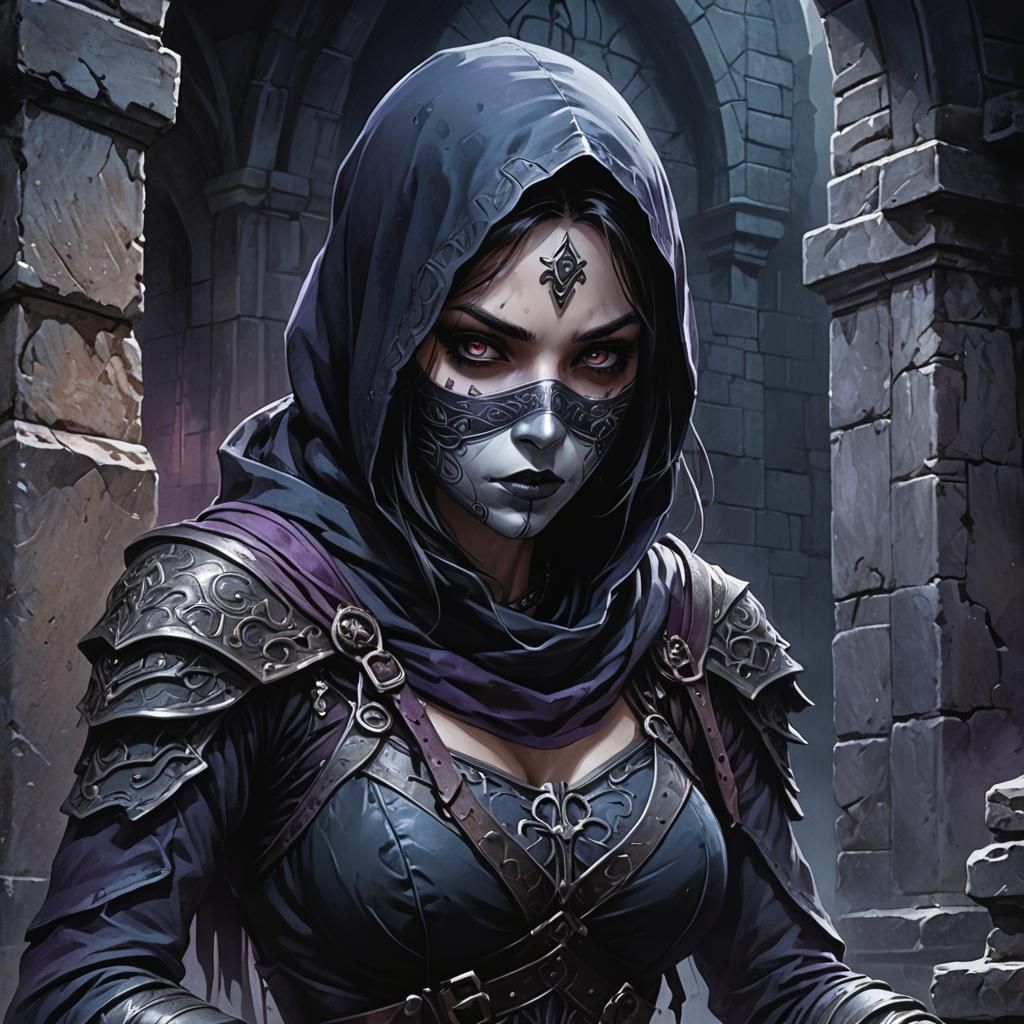 Dark Fantasy Assassin in Gothic Anime Style