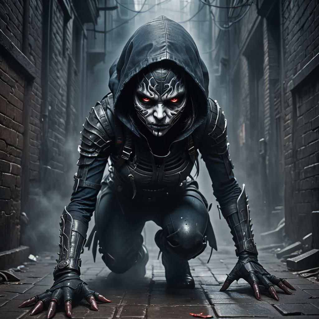 Gothic Assassin in Misty Alley: Digital Art