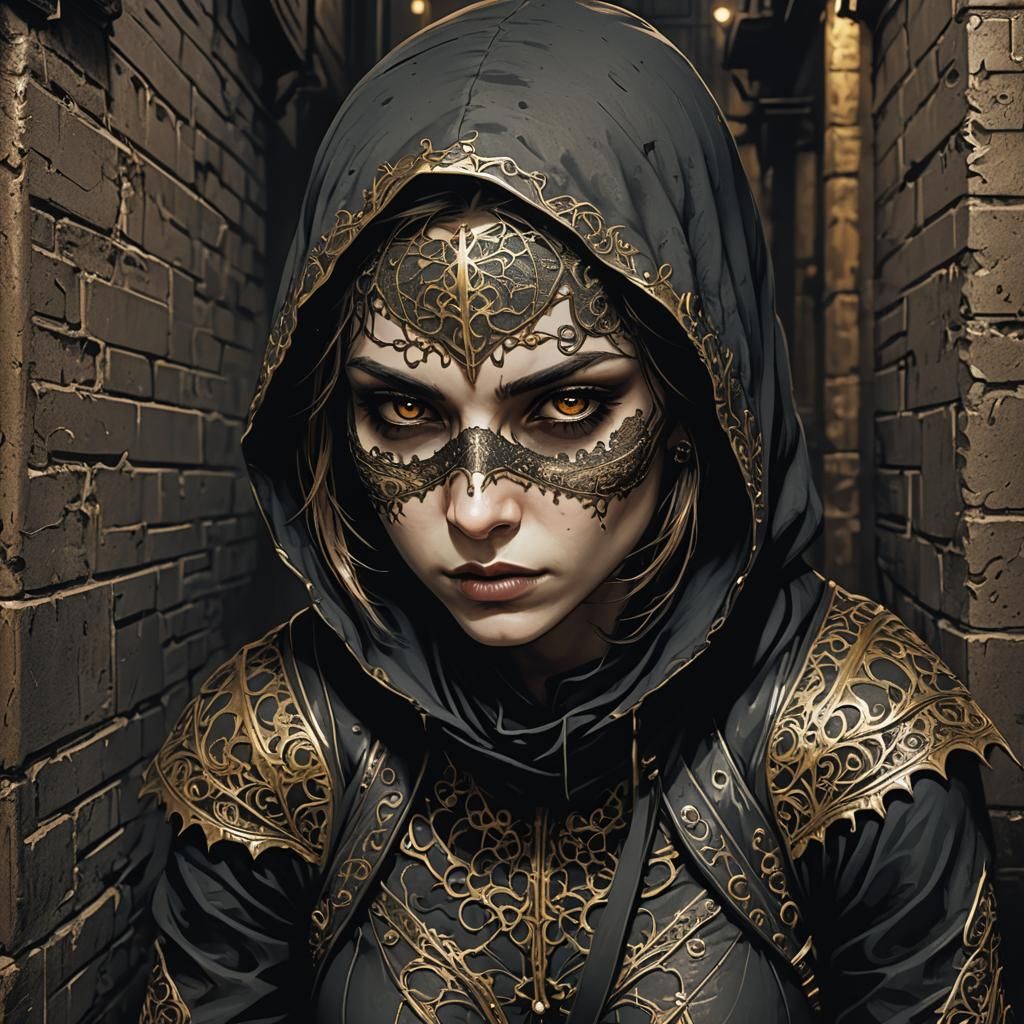 Gothic Female Assassin in Dimly Lit Alleyway
