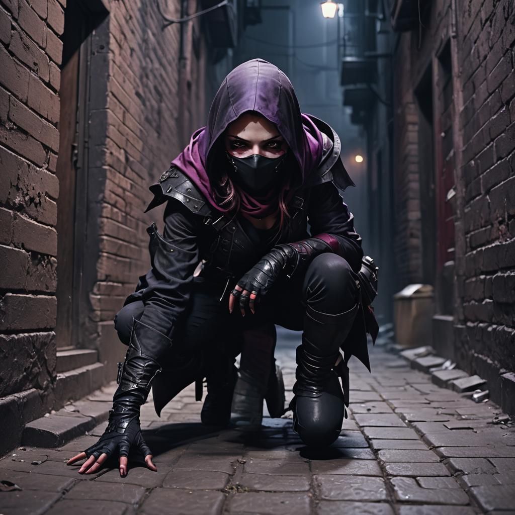 Gothic Assassin in Dark Alleyway: Digital Art