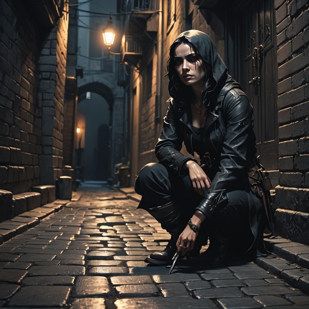 Gothic Female Assassin in Moody Film Noir