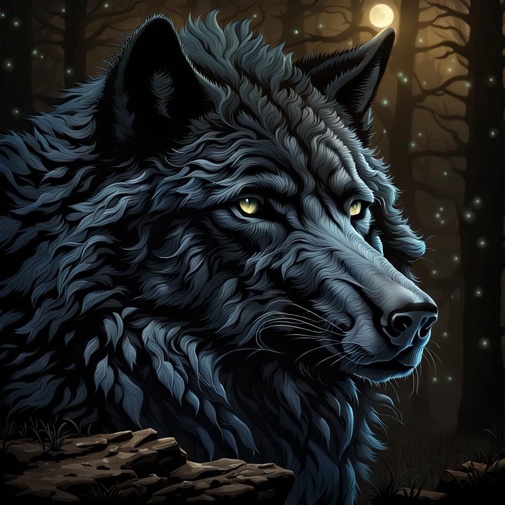 Magnificent Black Wolf in Blue Moonlight