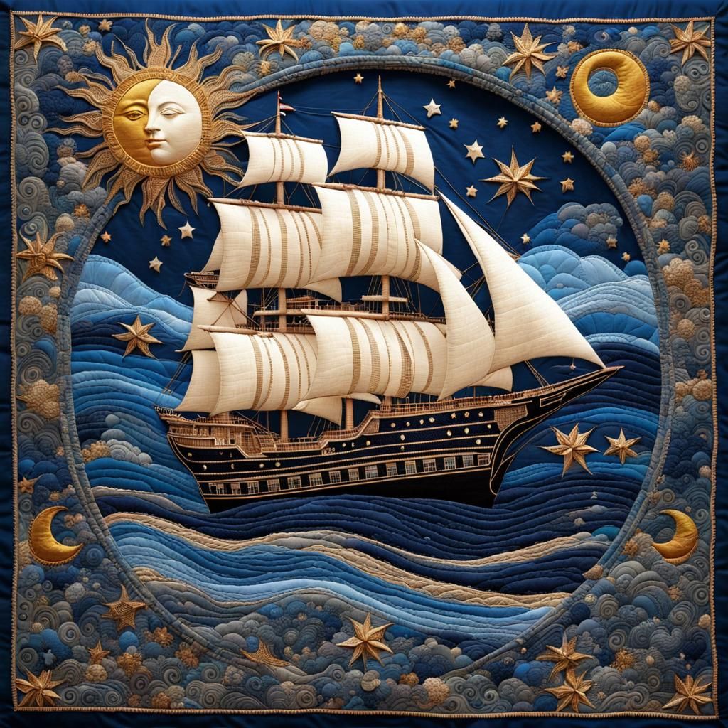 Ship Amongst Sun, Moon and Stars as Patchwork Art