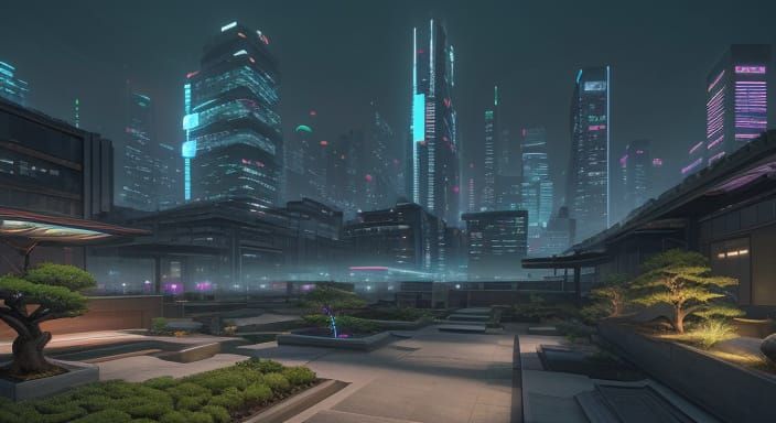 Zen Garden Meets Cyberpunk Cityscape