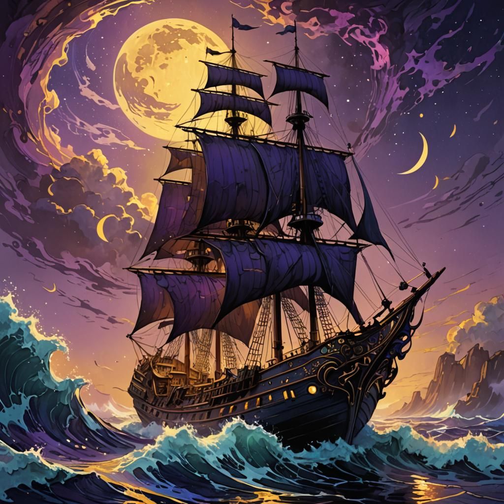 Ship on a Wave in Dark Fantasy Style