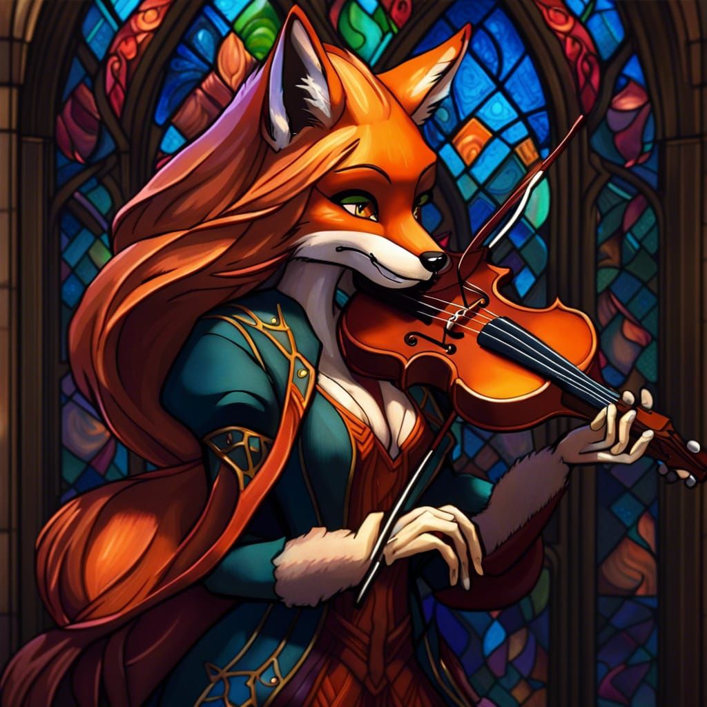 Anthro Fox Girl Violinist in Front of Stained Glass