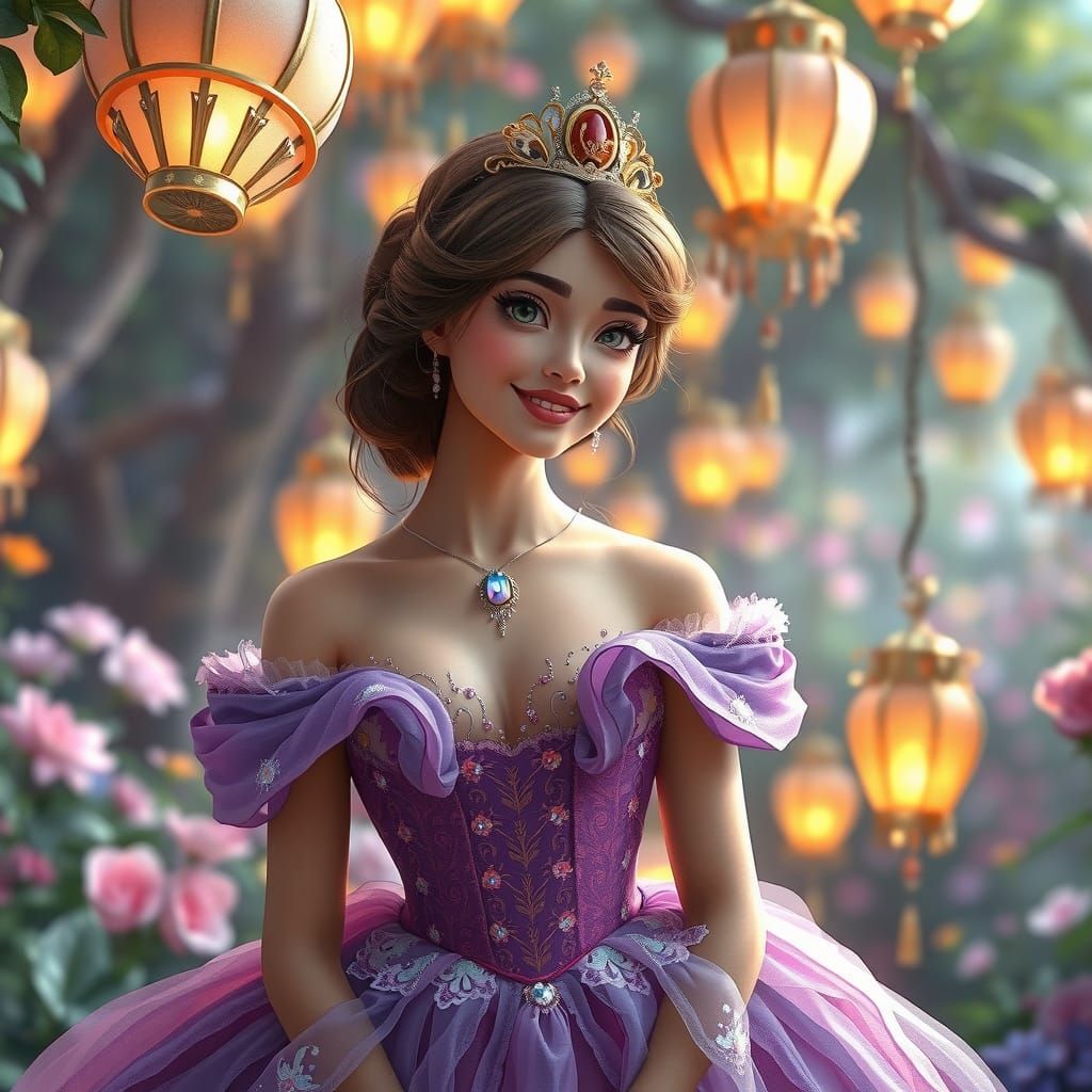 Golden Disney Princess Concept Art in Whimsical Garden Setti...