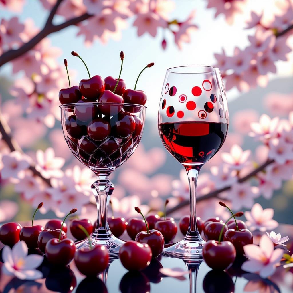 Opulent Feast: Cherries, Wine, and Cherry Blossoms in 3D Ren...