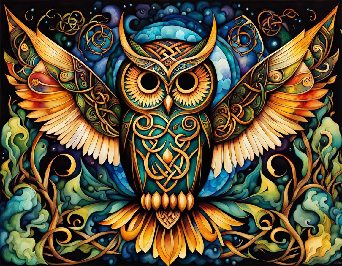 Celtic Owl in Art Nouveau Style