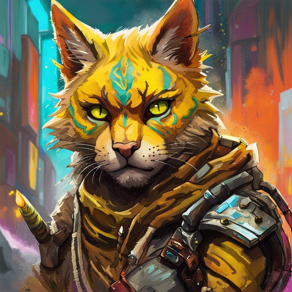 Cyberpunk Tabaxi Archer in Graffiti Art Style