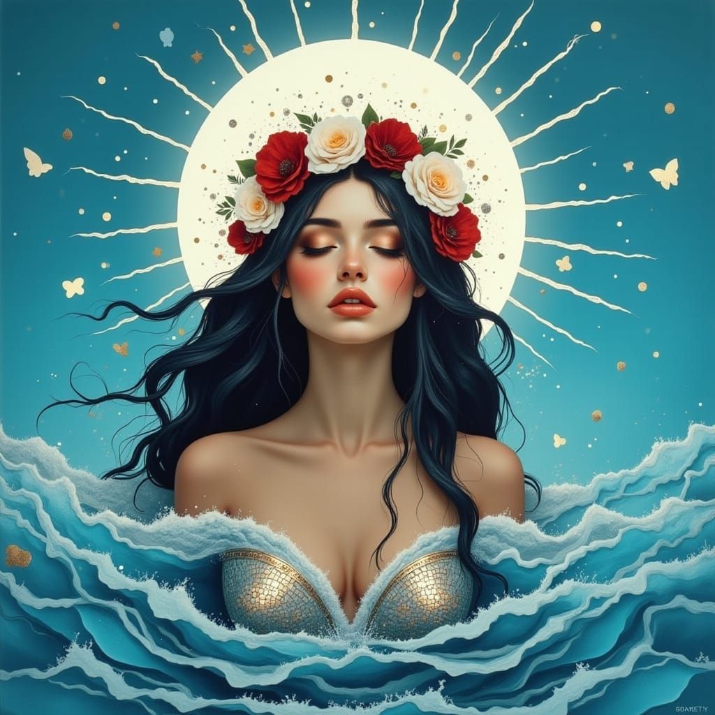 Renaissance Woman Emerges from Ocean Waves