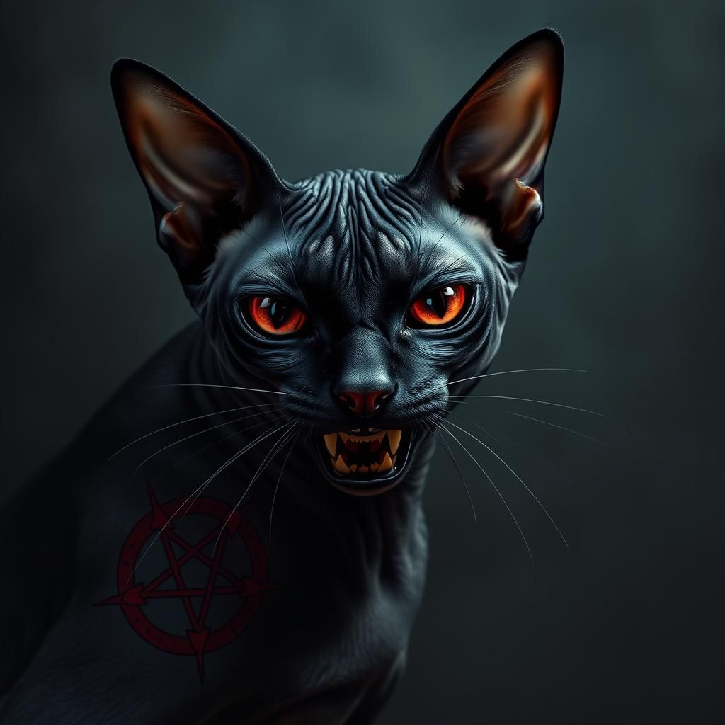 Sinister Black Sphynx Cat with Satanic Tattoo
