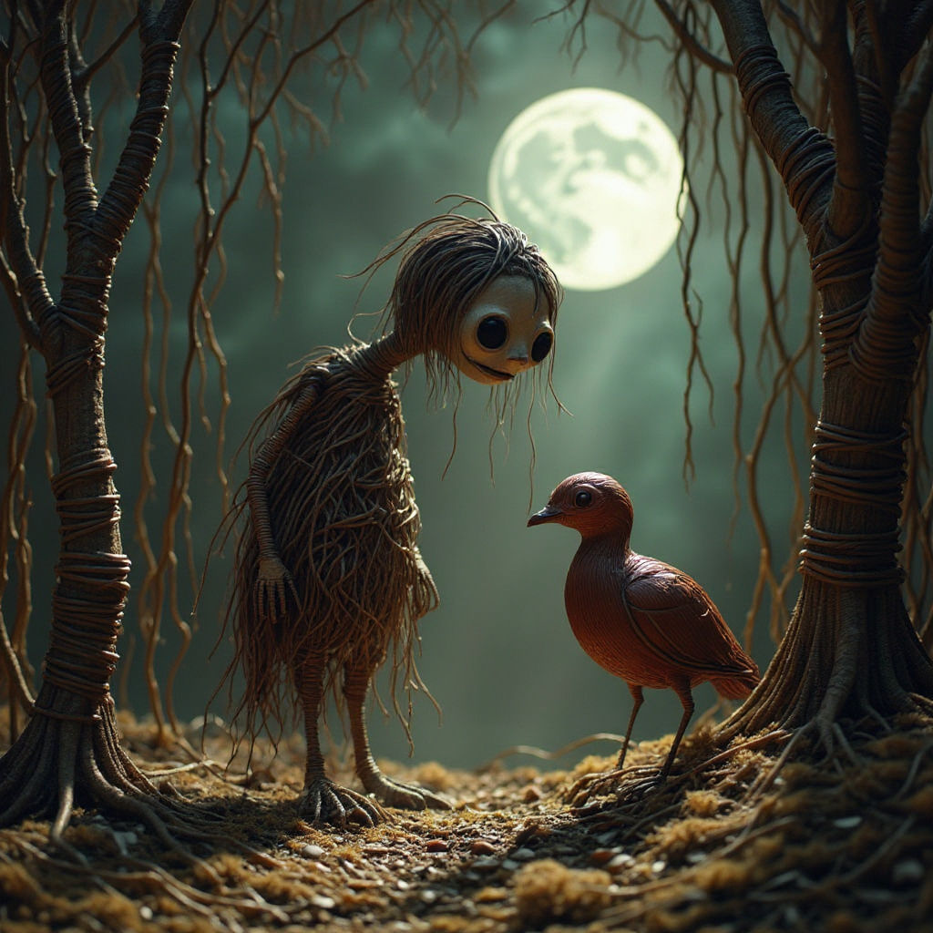 Sad Copper Creature in Whimsical Tim Burton Forest