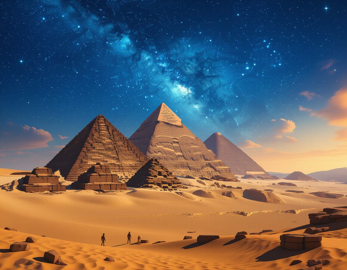 Starry Desert Pyramids in Hyper-Realistic Style