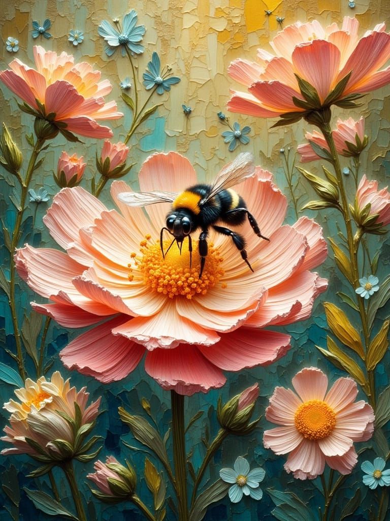 Bee on Flower in Impressionist Painting Style