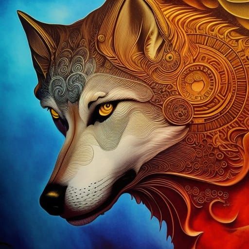 Mechanical Wolf Ink Illustration with Silken Fur