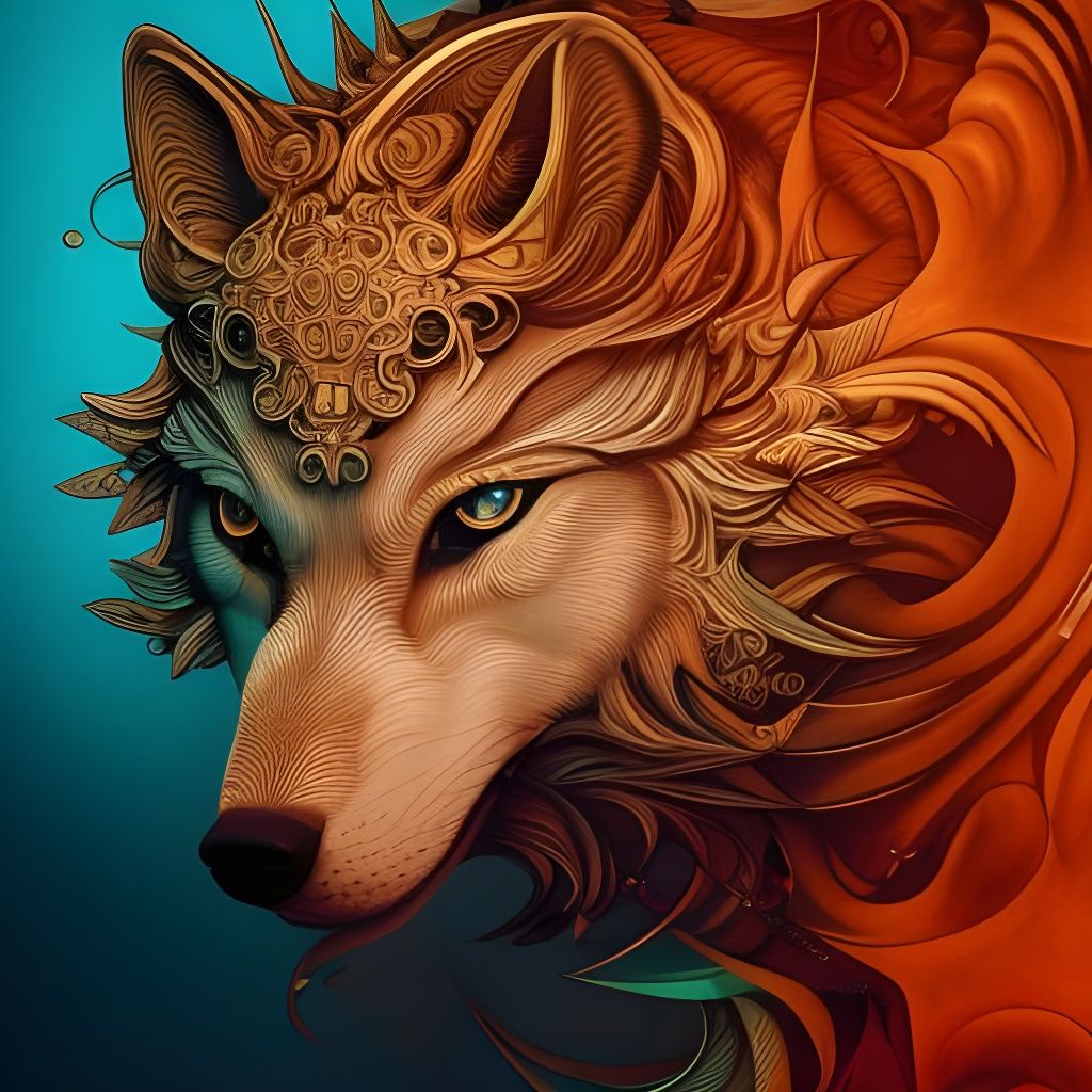 Mechanical Wolf Ink Illustration with Golden Accents