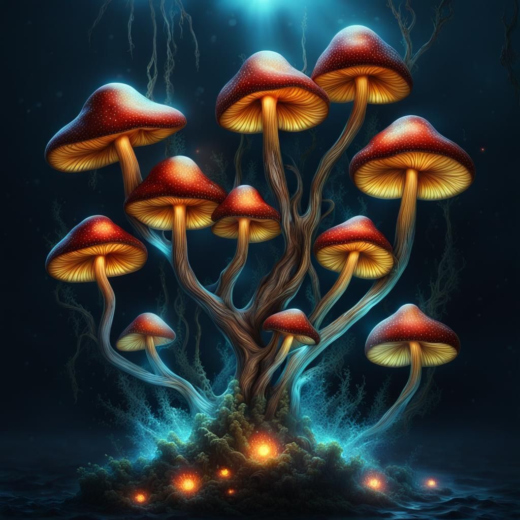 Magical Plant, a tree with having clusters of silver mushroo...
