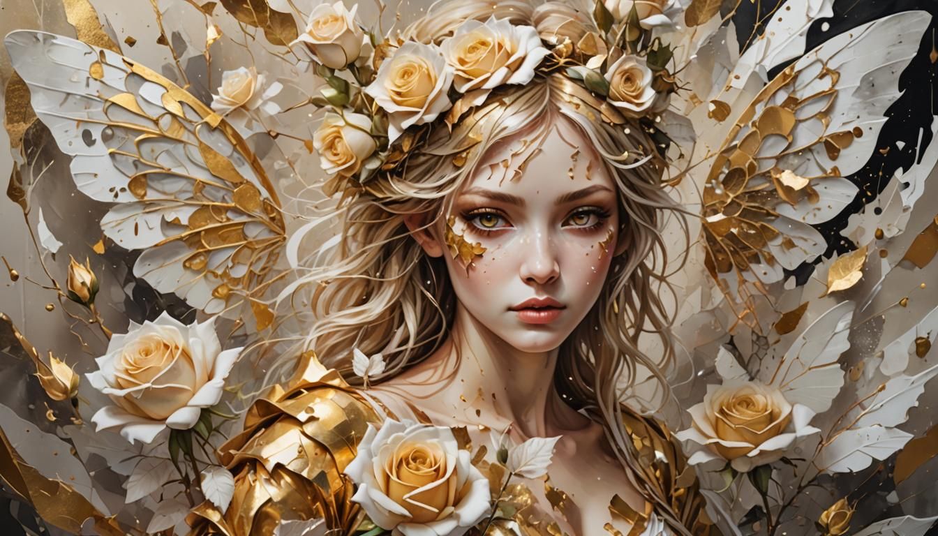 Gorgeous Golden Fairy with Roses in Watercolor Style