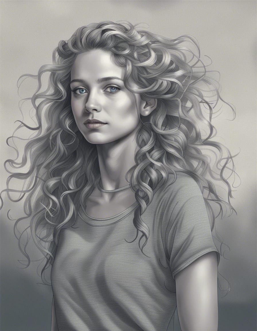 Wind-blown Curly Hair Girl Portrait in Grayscale