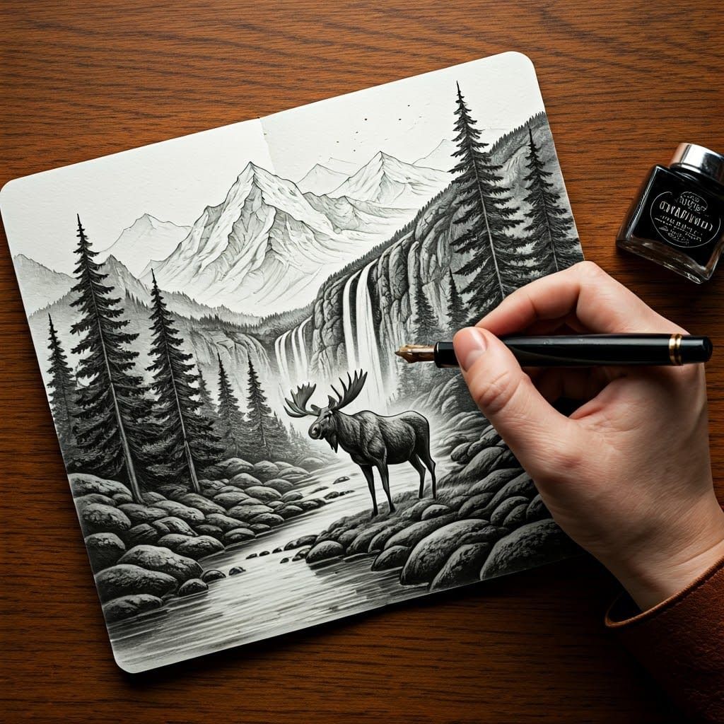 Mountain Landscape Illustration with Moose in Charcoal Style