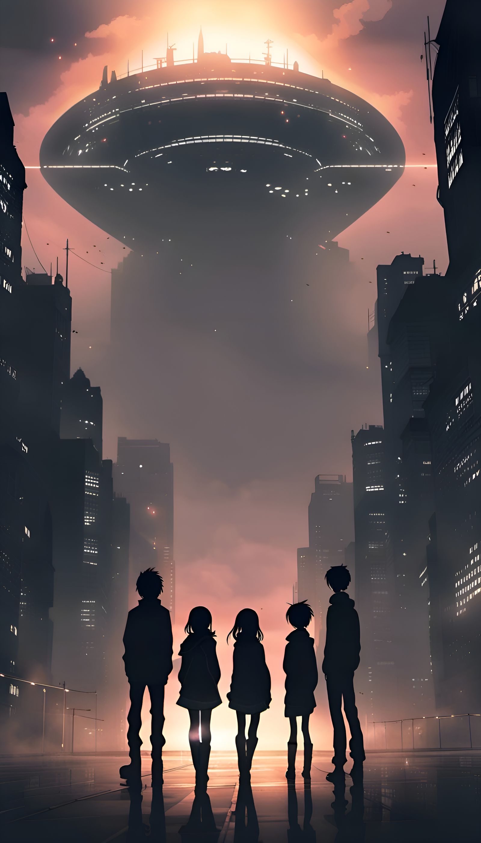 Dystopian Silhouettes Gaze at Ominous Skies: Anime Style