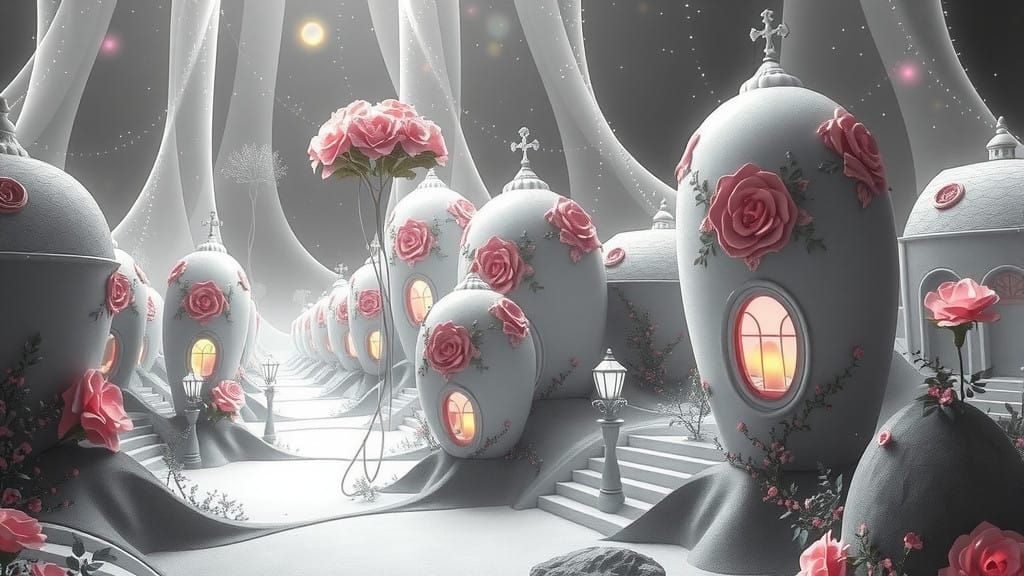 Ethereal Rose Houses in Dreamlike Black and White