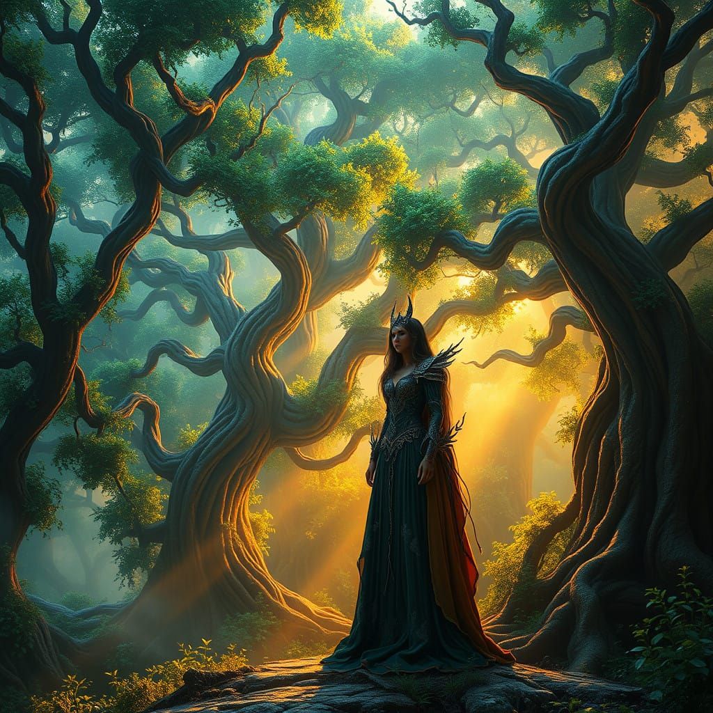 Sorceress in Vibrant Forest, in Unreal Engine 5 Style