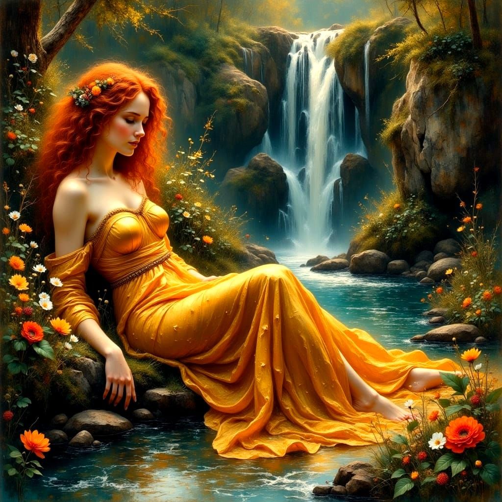 A serene female figure in golden robes rests by a lush water...