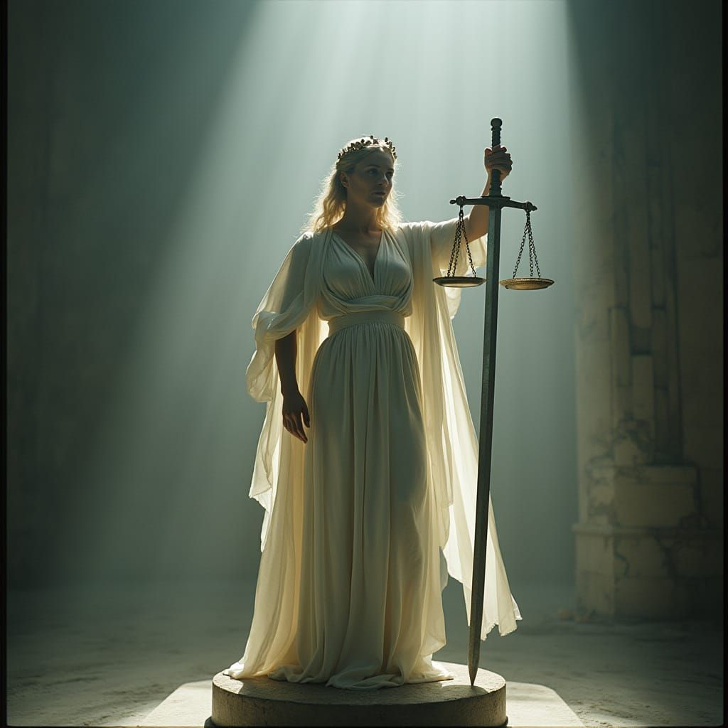 Themis: Goddess of Justice in Cinematic Film Still