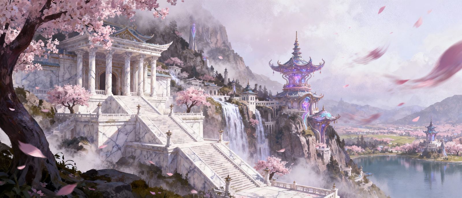 Lost Cascading City by Lake in Pastel Mist