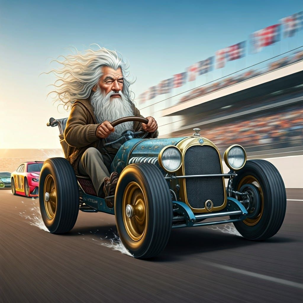 Gandalf Drives Magical Race Car in Whimsical Race