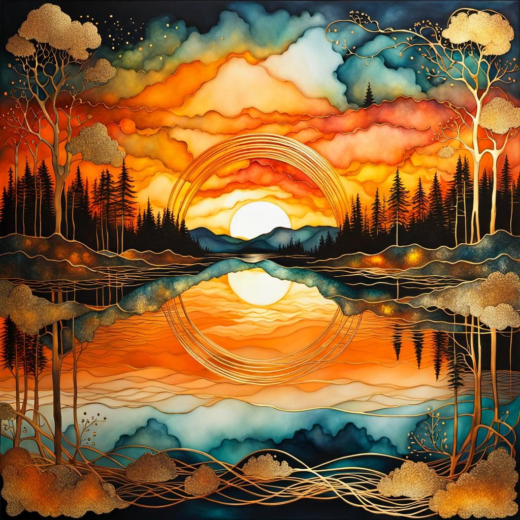 Magical Sunset Over Lake in Alcohol Ink Style