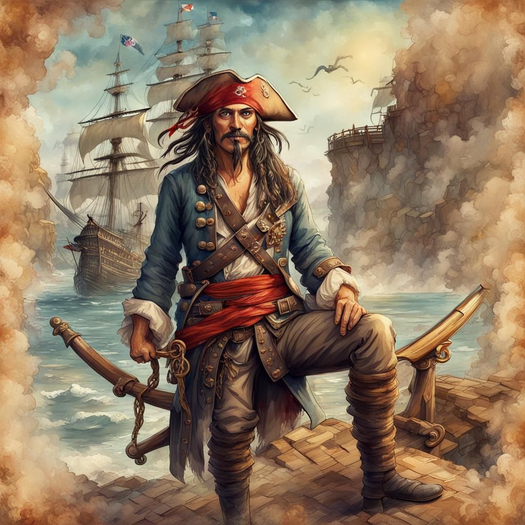 Pirate on Vintage Page with Note Line, Watercolor Style