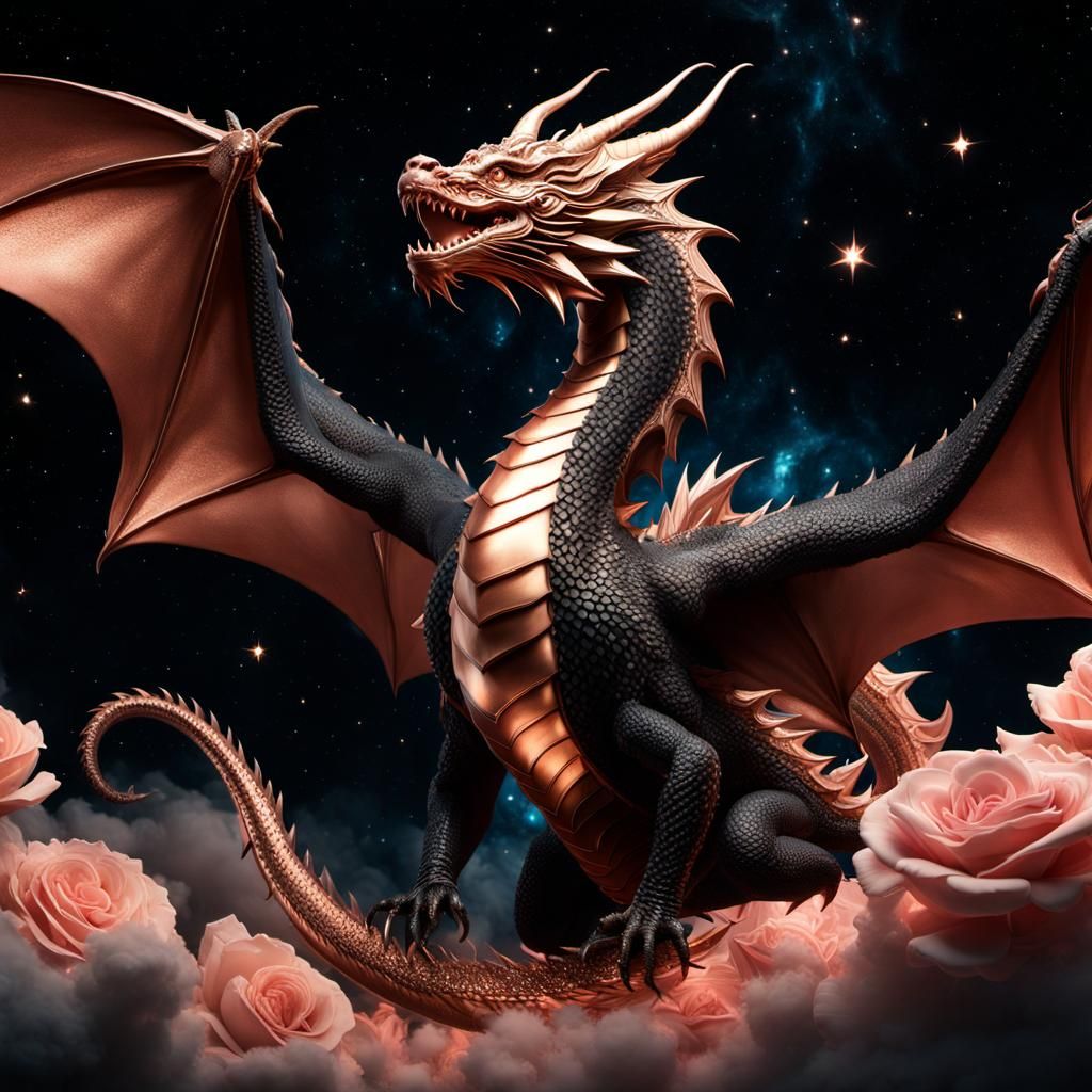 epic dragon made of rose gold gliding through starry sky, ci...
