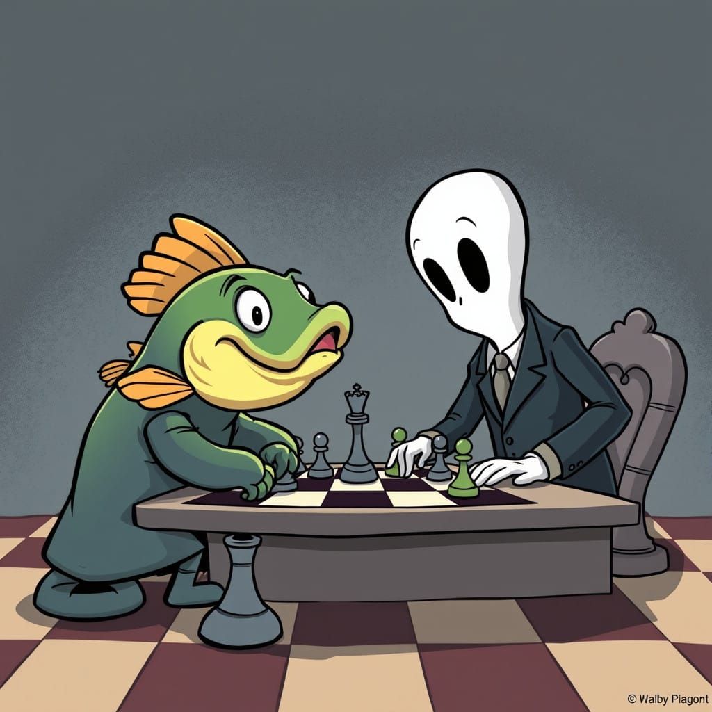 Carp in Suit Plays Chess Against Friendly Ghost