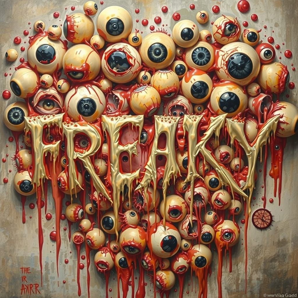 A bunch of gross eyeballs, red and bloodshot, pink, smashed together, with the word freaky and a dripping horror font