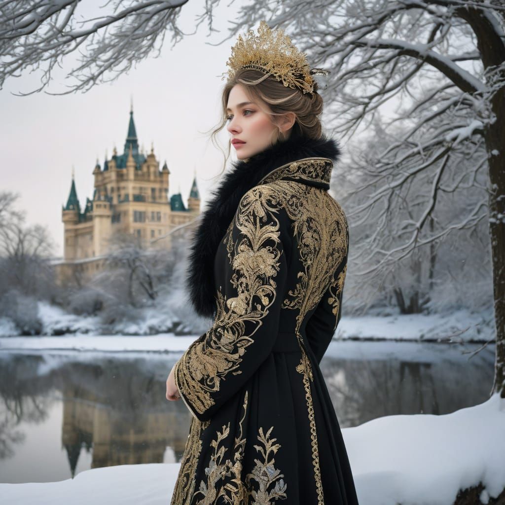 Serene Woman in Ornate Winter Coat Amidst Snowy Palace