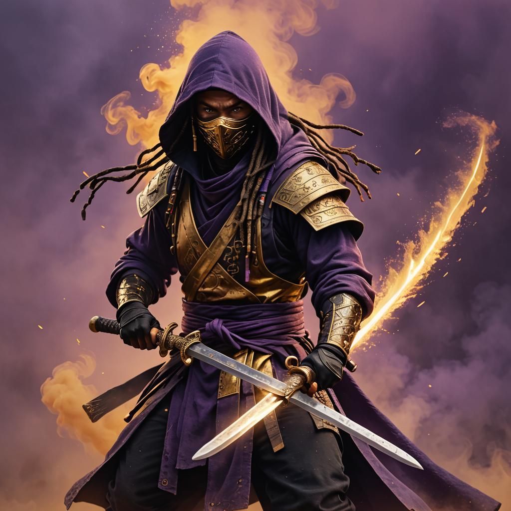 Hooded Ninja with Sword in Golden Smoke, 8K