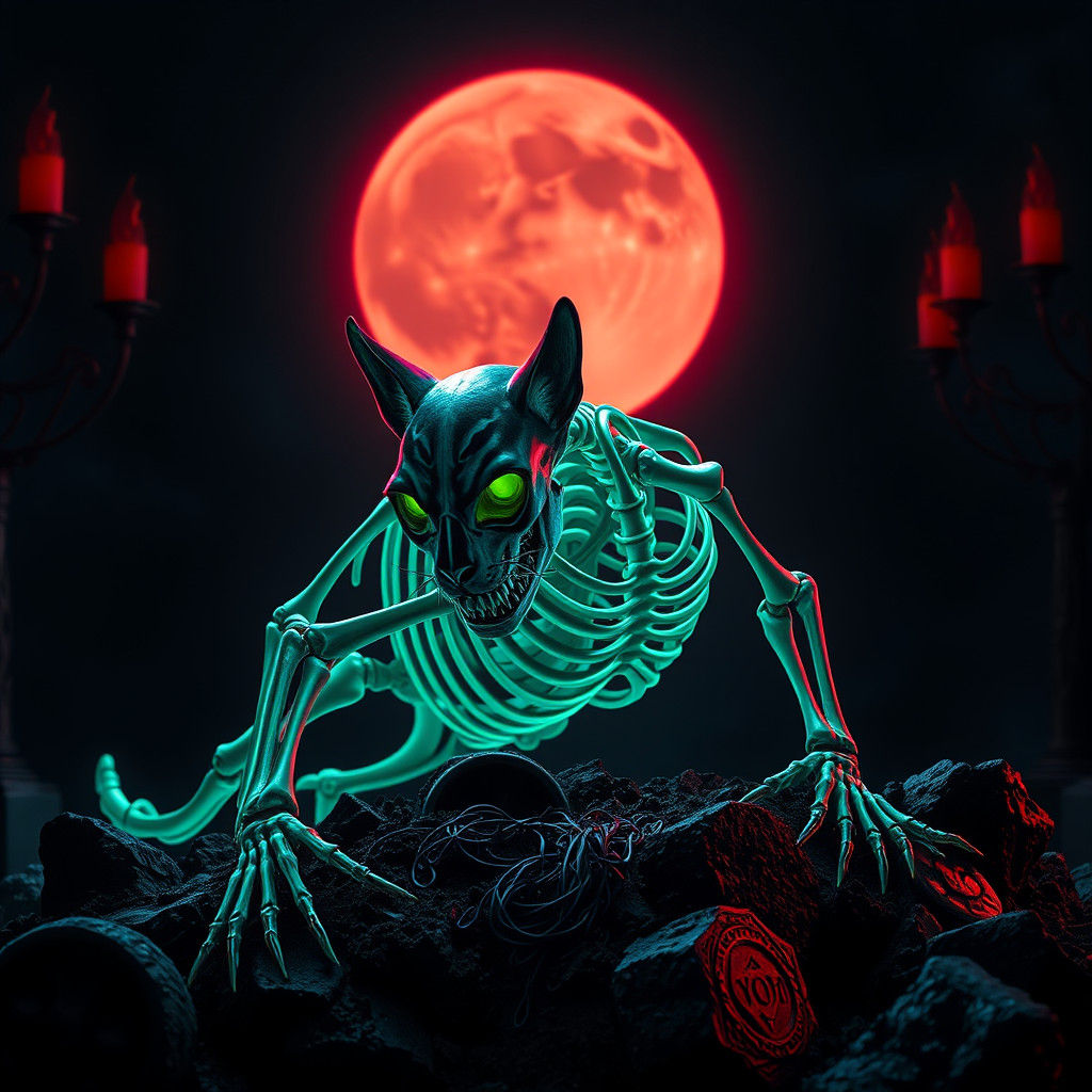Eldritch Skeleton Cat Emerges in Art Nouveau Style
