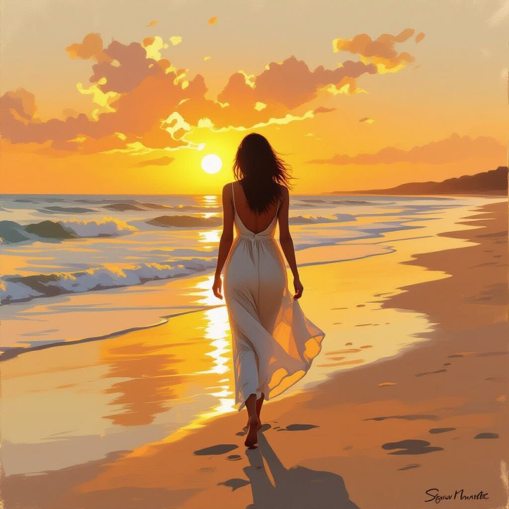 Woman on Beach at Sunset, Impressionistic Style