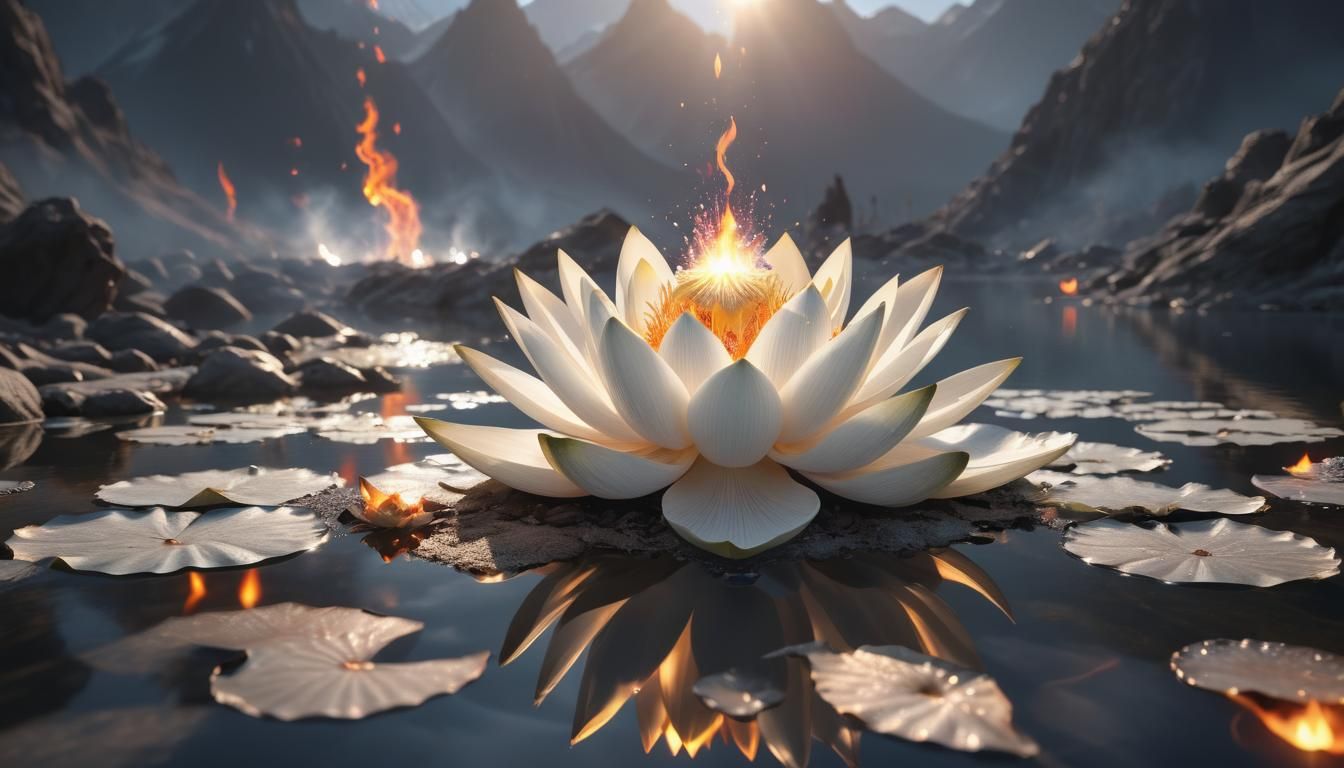 Burning White Fire Lotus Flower with Mystical Aura