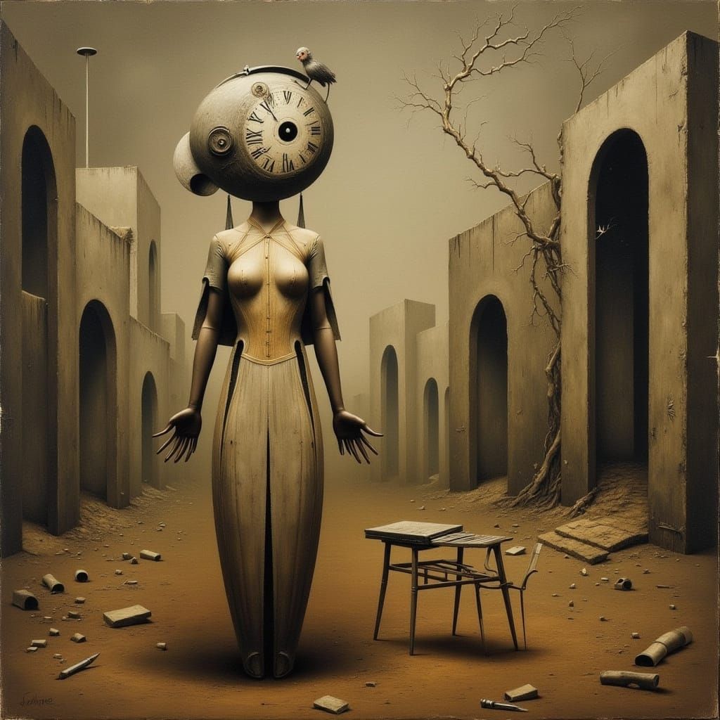 Surrealist Oil Painting of Woman with Clockwork Eyes