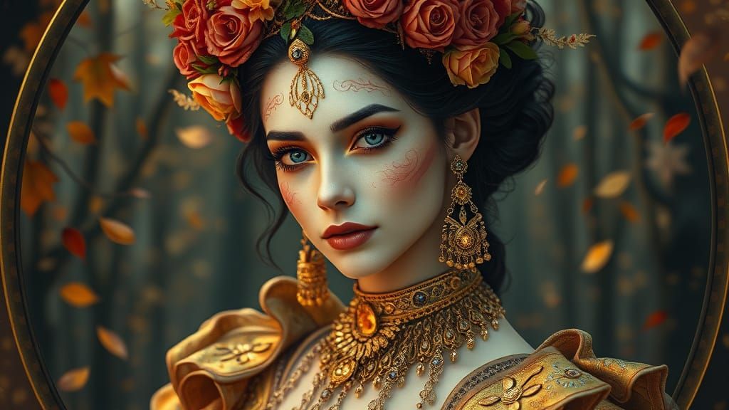 Ethereal Autumn Goddess in Haute Couture Attire, Set in a My...