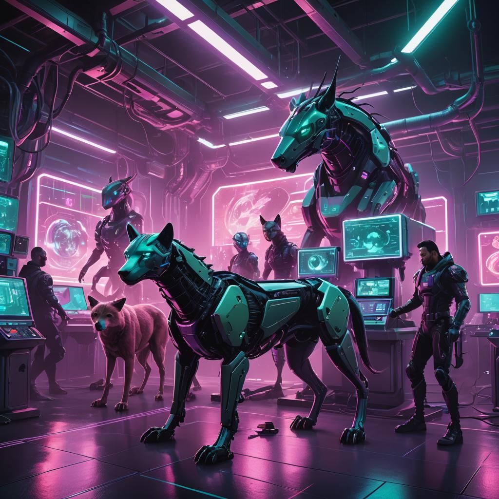 Cybernetic Animals in Neon Cyberpunk Laboratory