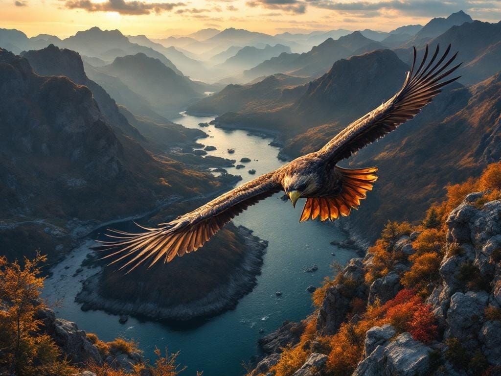 Hawk Soaring Over Autumn Landscape at Magic Hour