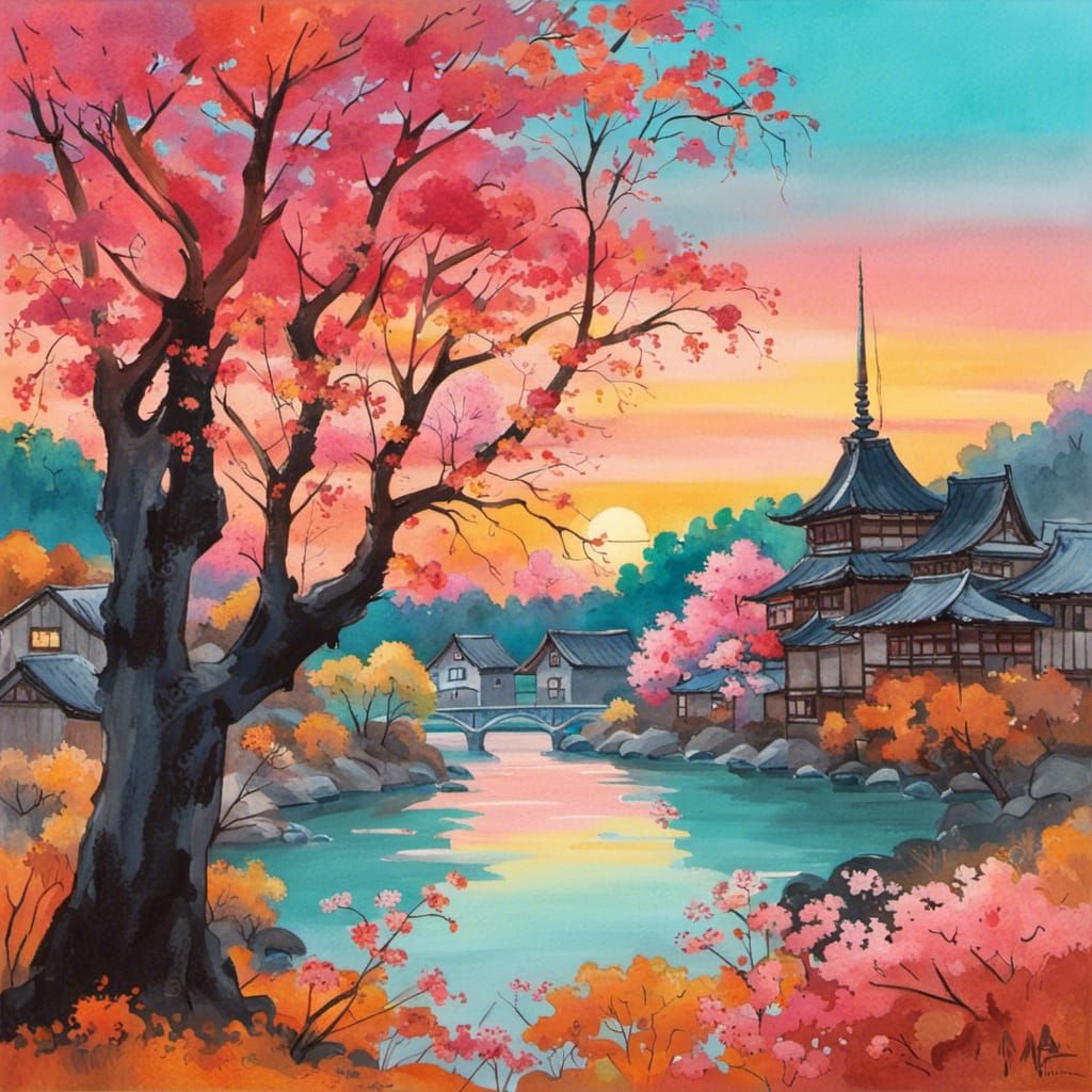 High Gothic Japanese Village in Gouache Style
