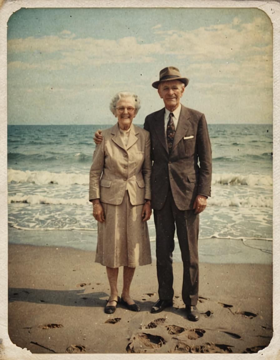 Vintage Photo of an Old Couple on the Beach
